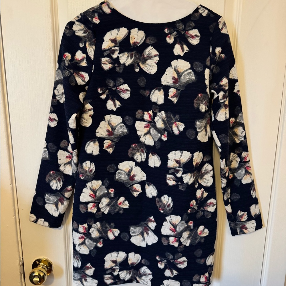 Dark Blue Mini Dress with Long Sleeves, Floral Pattern